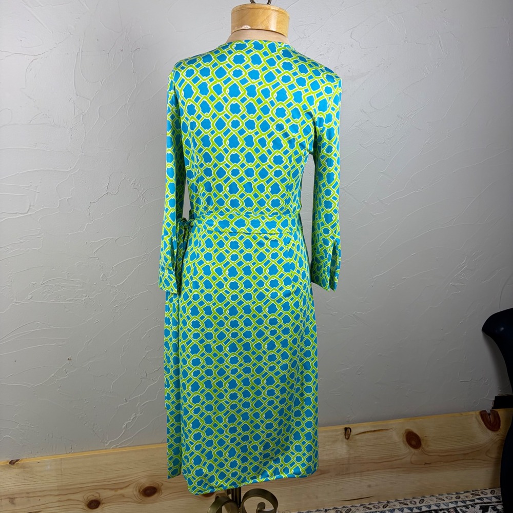 Julie Brown Womens Dress Geometric Wrap Blue Green V-Neck Mid Length Sz M Career - Picture 3 of 12